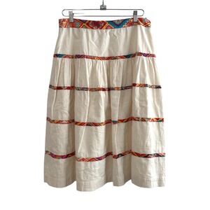 Matta NY Cotton Tiered Midi Skirt Cream Boho Embroidered Trim Womens Medium